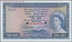 Mauritius: Government of Mauritius 10 Rupees ND(1954) color trial Specimen in blue instead of red color, P.28cts with punch hole cancellation and over...