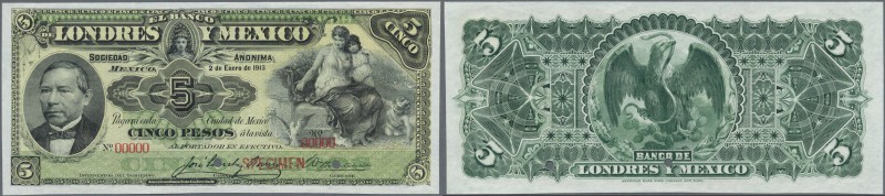 Mexico: Banco de Londres y México 5 Pesos 1913 SPECIMEN, P.S233s, punch hole can...