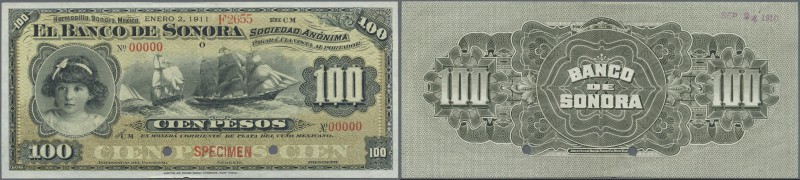 Mexico: El Banco de Sonora 100 Pesos 1911 SPECIMEN, P.S423s, punch hole cancella...