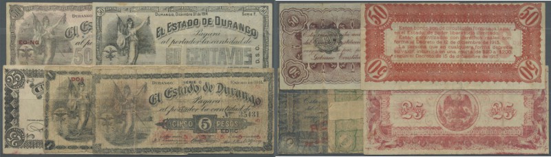 Mexico: El Estado de Durango set of 5 banknotes containing 1 Peso 1914, 5 Pesos ...