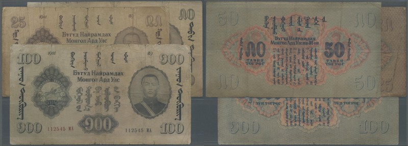 Mongolia: set with 3 Banknotes 25, 50 and 100 Tugrik 1941, so called ”Sukhe Bata...