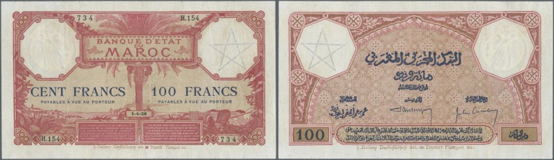 Morocco: 100 Francs 1926 P. 14 in exceptional condition for this type of note wi...