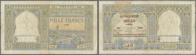 Morocco: 1000 Francs 1938, P.16c in well worn condition with a number of tears a...