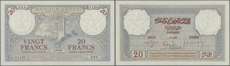 Morocco: 20 Francs 1931 P. 18a in great condition with only a light center fold,...