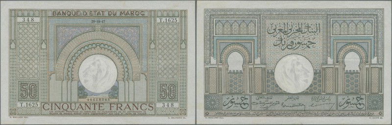 Morocco: 50 Francs 1947 P. 21, light folds and handling in paper, not washed or ...