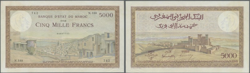Morocco: 5000 Francs 1949 P. 23c, 3 light vertical folds, light handling in pape...