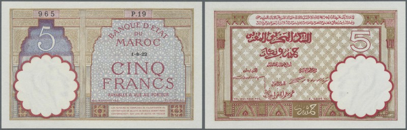 Morocco: 5 Francs 1922 P. 23Aa, light bend at upper left, condition: XF+ to aUNC...