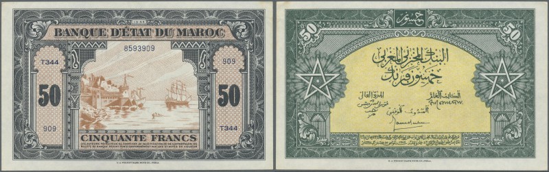 Morocco: 50 Francs 1944 P. 26 with light center bend in crisp condition: XF+.
