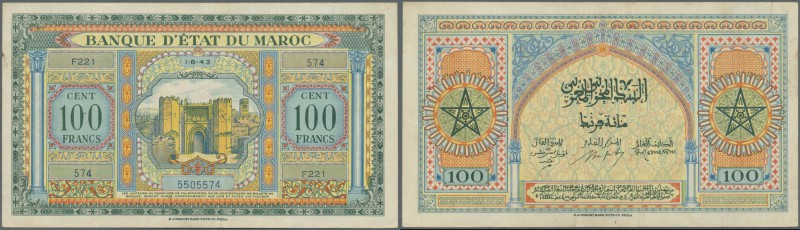Morocco: 100 Francs 1943 P. 27 with light folds in paper, no holes or tears, cri...
