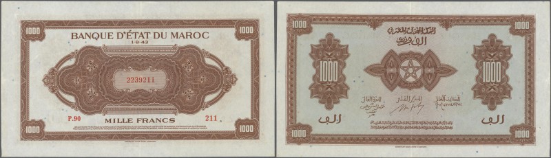 Morocco: 1000 Francs 1943 P. 28, light center fold, probably dry pressed, no hol...