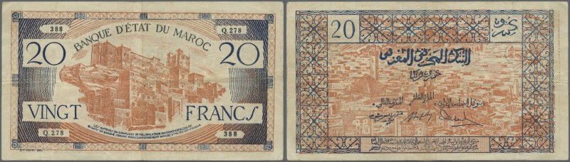 Morocco: 20 Francs 1943 P. 39 in used condition with several folds in paper, tin...