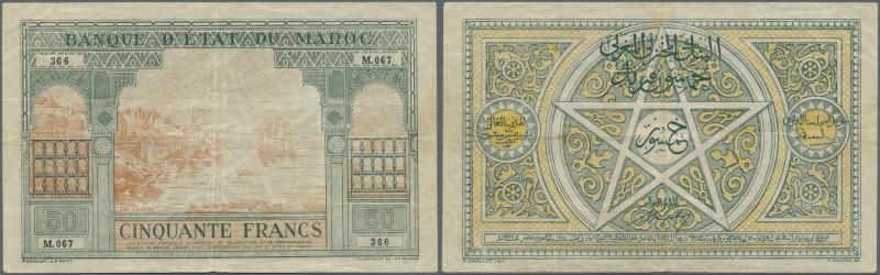 Morocco: 50 Francs 1943 P. 40 in used condition with several folds and creases i...