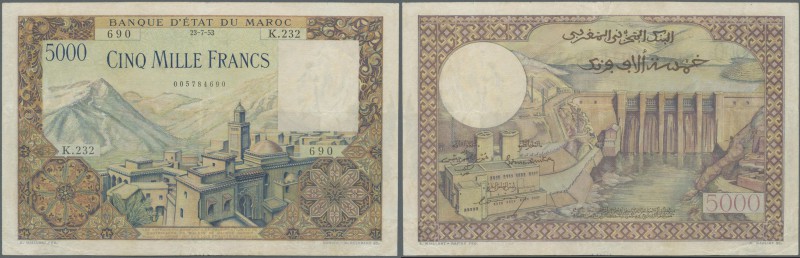 Morocco: 5000 Francs 1953 P. 49 light folds in paper, probably pressed, no holes...