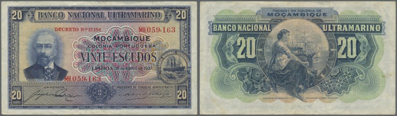Mozambique: 20 Escudos 1937 P. 74, used with several lighter folds and creases i...