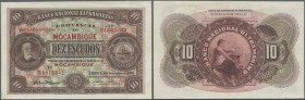 Mozambique: 10 Escudos 1941 P. 84 with 3 light center bends in crisp condition: XF.