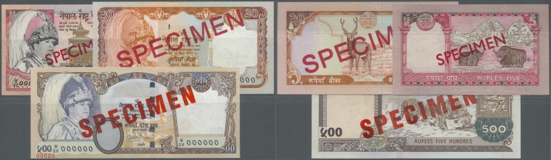 Nepal: set of 3 specimen notes containing 5, 20 and 500 Rupees ND(2002-2005) P. ...