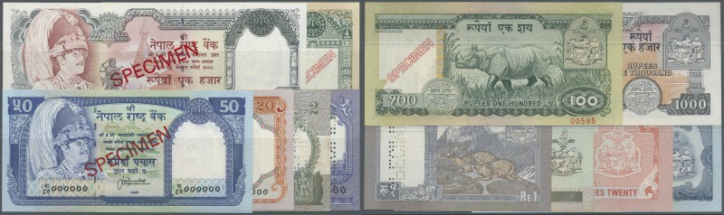 Nepal: set of 6 different Specimen banknotes containing 1, 2, 20, 50, 100 and 10...