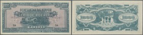 Netherlands Indies: 1000 Rupees ND(1945) P. 127, seldom see note, one dint at lower right, one stain trace at lower left, condition: aUNC.