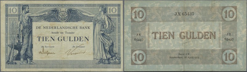 Netherlands: 10 Gulden April 26th 1923, P.35, several folds and creases and some...
