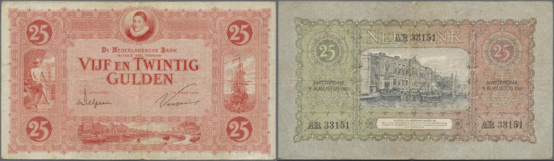 Netherlands: 25 Gulden August 11th 1921, P.36, stained paper with several folds ...