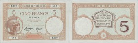 New Caledonia: 5 Francs ND(1926) ovpt. Noumea on French Indochina, light center bend and light handling in paper, no holes or tears, crisp original pa...