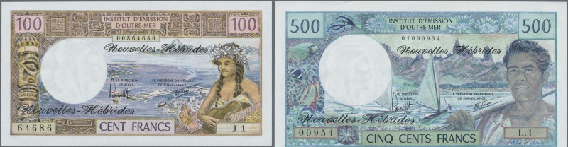 New Hebrides: set of 2 notes containing 100 and 500 Francs ND P. 18d, 19b, the f...