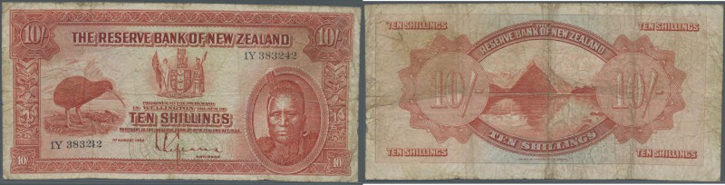 New Zealand: 10 Shillings ND P. 154, used with several folds and creases, stain ...