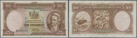 New Zealand: 10 Shillings ND P. 158d, vertical folds and creases in paper, no holes or tears, paper still with crispness, condition: VF-.