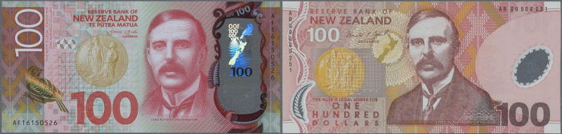 New Zealand: set of two polymer 100 Dollar notes, P. 189 and 195, both in condit...