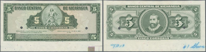 Nicaragua: 5 Cordobas 1962 proof print P. 108p with border piece, in condition: ...