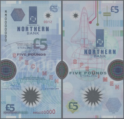 Northern Ireland: 5 Pounds 1999 Polymer P. 203as SPECIMEN in condition: UNC.