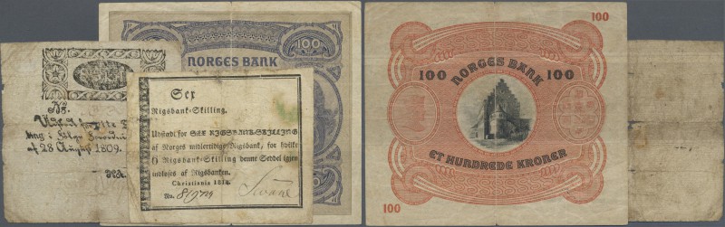 Norway: small lot with 3 Banknotes 8 Skilling Denmark 1809 P.A40 (VG/F-), 6 Riks...