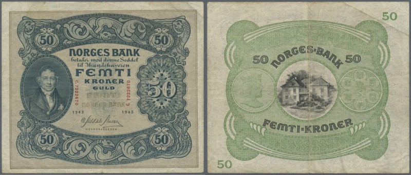 Norway: 50 Kroner 1943 P. 9d, used stronger center fold, vertical folds, no hole...
