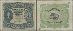 Norway: 50 Kroner 1943 P. 9d, used stronger center fold, vertical folds, no holes or tears, not washed or pressed, condition: F+.