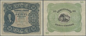 Norway: 50 Kroner 1943 P. 9d, used with stronger center fold, vertical folds, no holes or tears, not washed or pressed, condition: F.