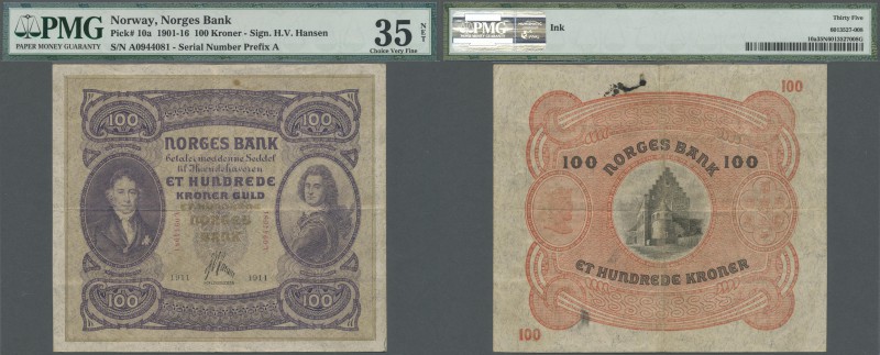 Norway: 100 Kroner 1911 with signature: Hansen, P.10a, vertical and horizontal f...