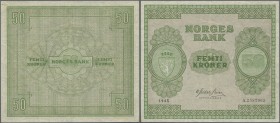 Norway: 50 Kroner 1945 P. 27a, used with center fold and light creases in paper, no holes or tears, paper still strong with original colors, condition...