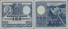 Norway: 100 Kroner 1949-62 color trial Specimen in blue instead of red, P.33cts with Specimen number ”N° 19” at lower margin. Highly rare trial in per...