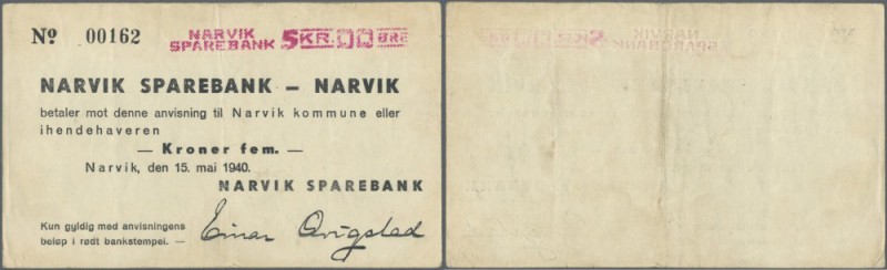 Norway: 5 Kroner 1940 P. NL private issue ”Narvik Sparebank” in slightly used co...