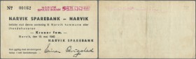 Norway: 5 Kroner 1940 P. NL private issue ”Narvik Sparebank” in slightly used condition with a center fold and some handling in paper but no holes or ...