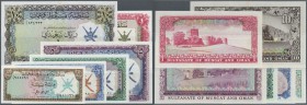 Oman: Muscat & Oman complete set from 100 Baisa to 10 Rials ND P. 1-6, the 1/4, 5, 10 and 1 Rials in aUNC, the 5 and 10 with light stain dots, the oth...