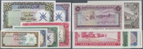 Oman: complete set of 6 notes from 100 Baisa to 10 Rials ND P. 7-12, the 5 Rials with stain dots (aUNC), all in condition: UNC. (6 pcs)