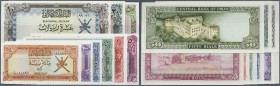 Oman: complete set of 9 notes from 100 Baisa to 50 Rials ND P. 13-21, the 1, 5 and 10 Rials in aUNC, all others in UNC, nice set. (9 pcs)