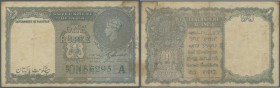 Pakistan: 1 Rupee ND(1948) with ”Government of Pakistan” overprint in watermark area P. 1. The note is 3 times folded vertically, has 8 pinholes and a...
