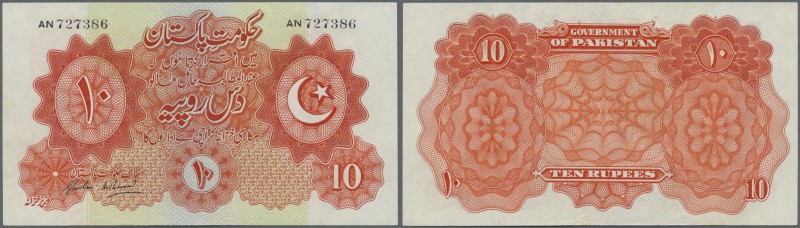 Pakistan: 10 Rupees ND(1948) P. 6 light folds in paper, probably pressed, one pi...