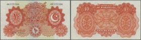 Pakistan: 10 Rupees ND(1948) P. 6 light folds in paper, probably pressed, one pinhole, no tears, still strong paper and bright colors, condition: VF.