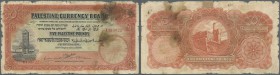 Palestine: 5 Pounds dated September 30th 1929, P.8b in well worn condition with many tears and tiny missing parts along the borders, stained and small...