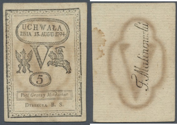 Poland: 5 Groszy 1794 P. A8, unfolded, light stain on back, no holes or tears, c...
