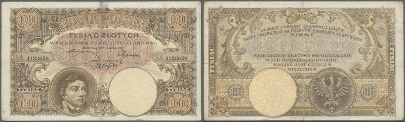 Poland: 1000 Zlotych 1919, P.59, vertical and horizontal fold at center, lightly...