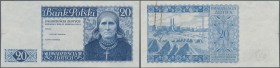 Poland: 20 Zlotych 1939 P. 83p, Proof in blue color of an unissued banknote, small cut at left border, trace of rusty paper clip on back side, light h...